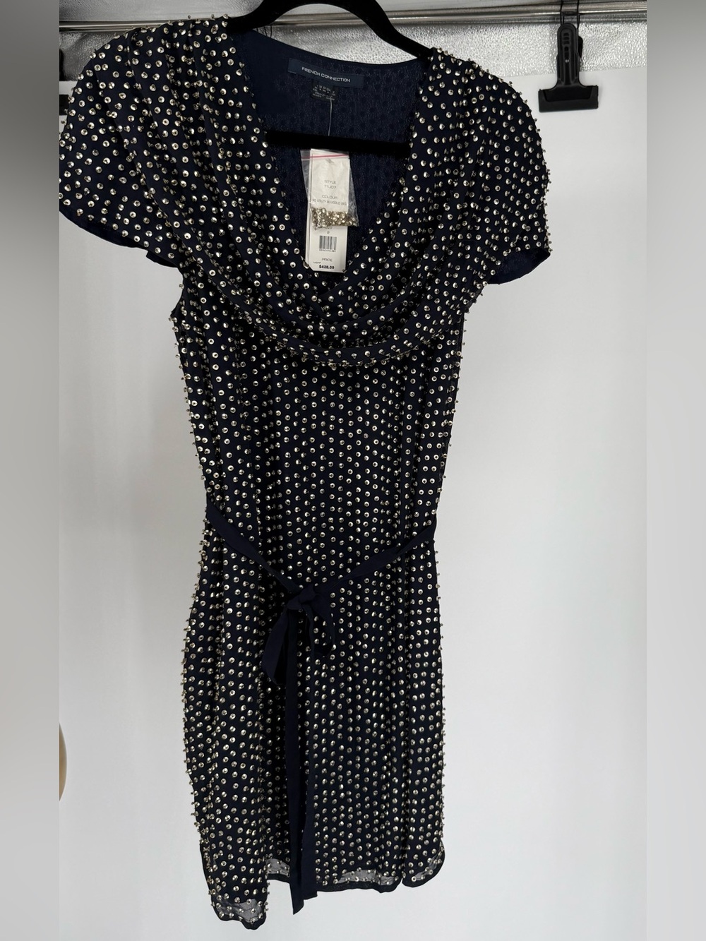 NWT French Connection Navy and Gold Hand Beaded Cowl Neck Midi Dress Size 2